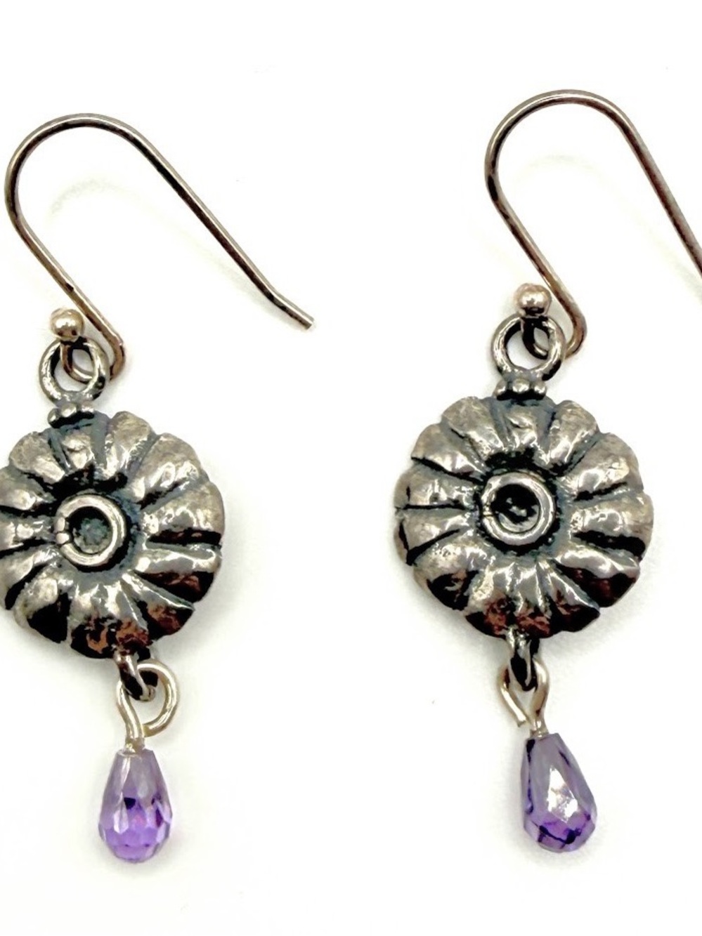 Vintage Sterling Silver Floral Drop Earrings with Amethyst Crystal